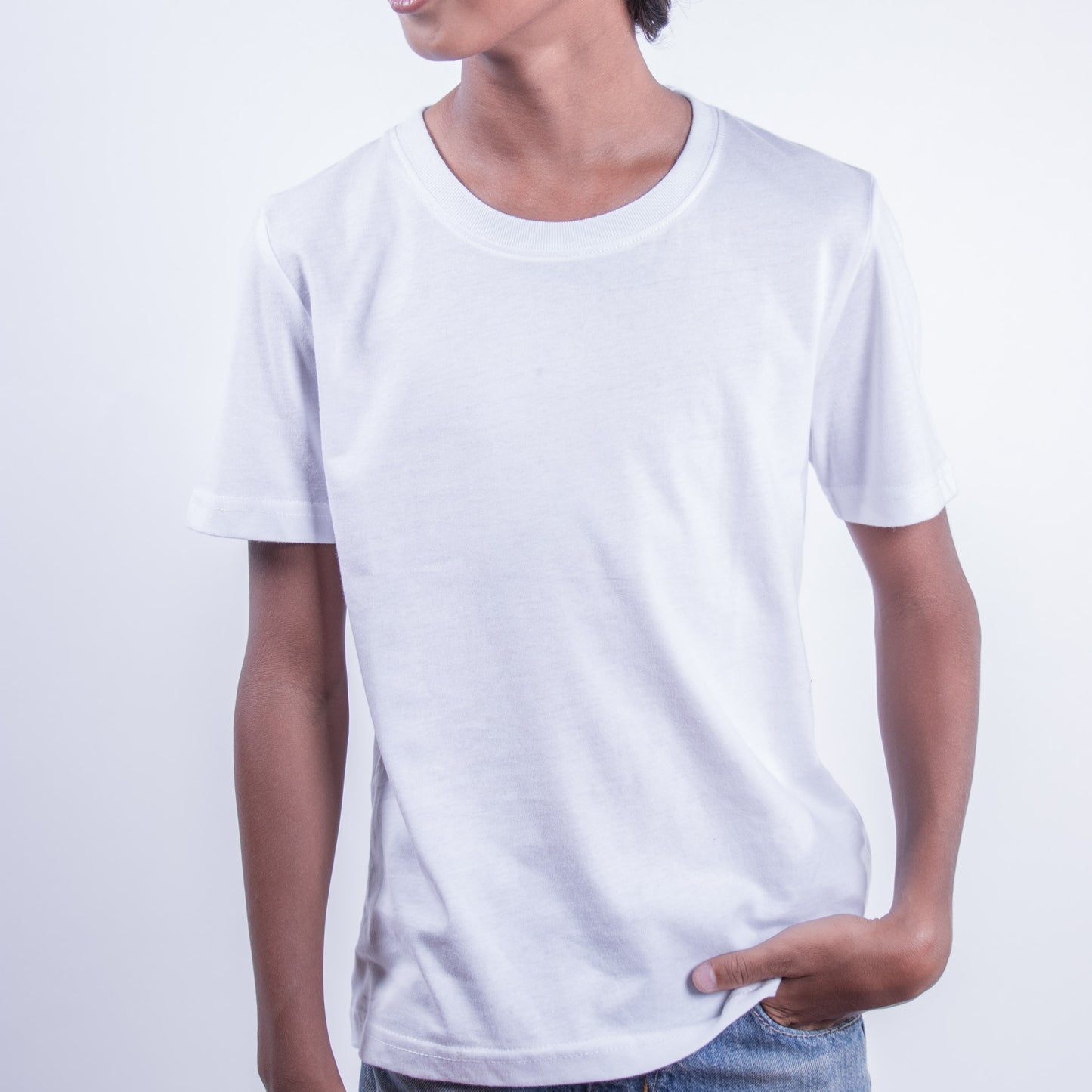 Kids cotton regular t-shirt in white KUD293E on model front view