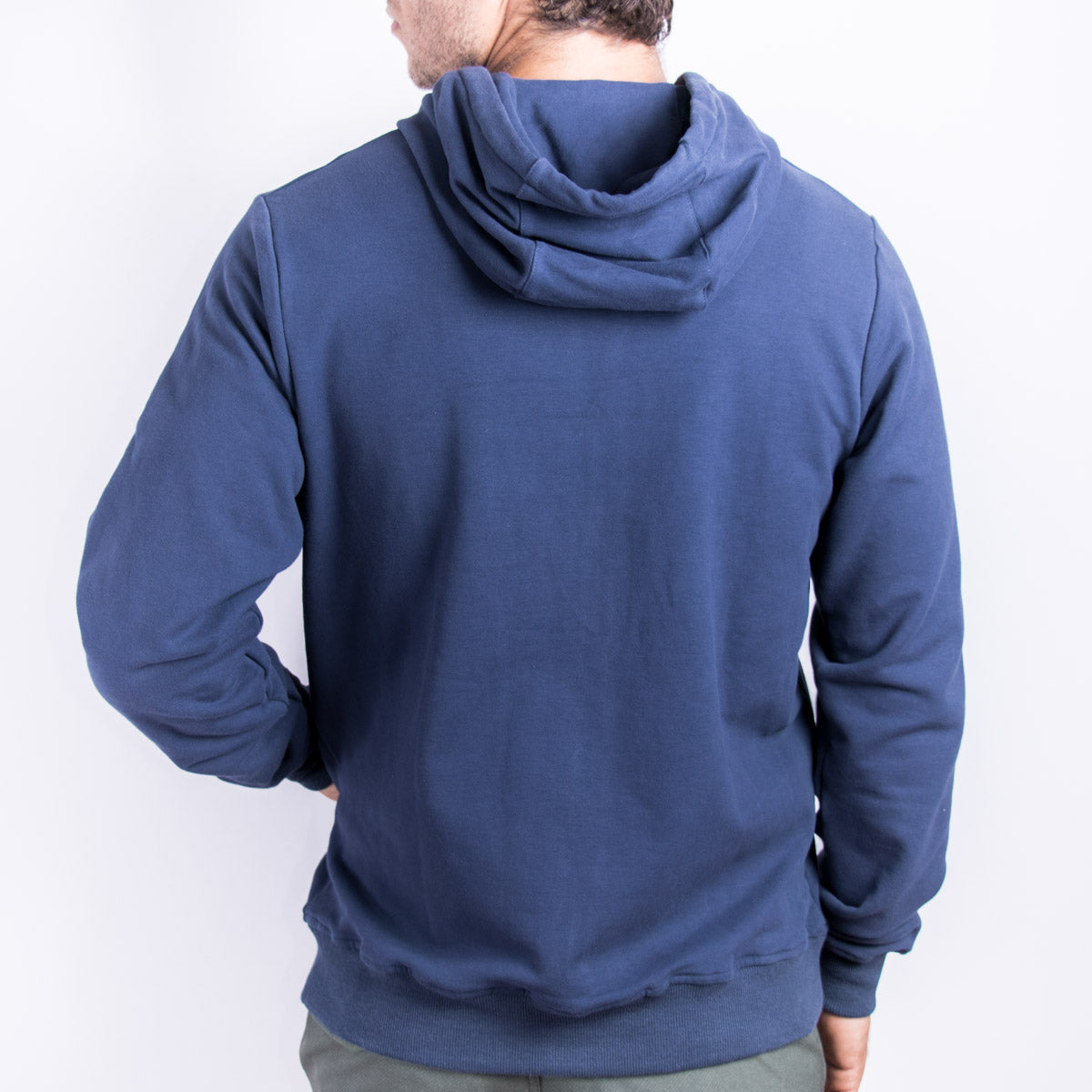 Unisex premium cotton polyester hoodie in navy KUD423E on model back vie
