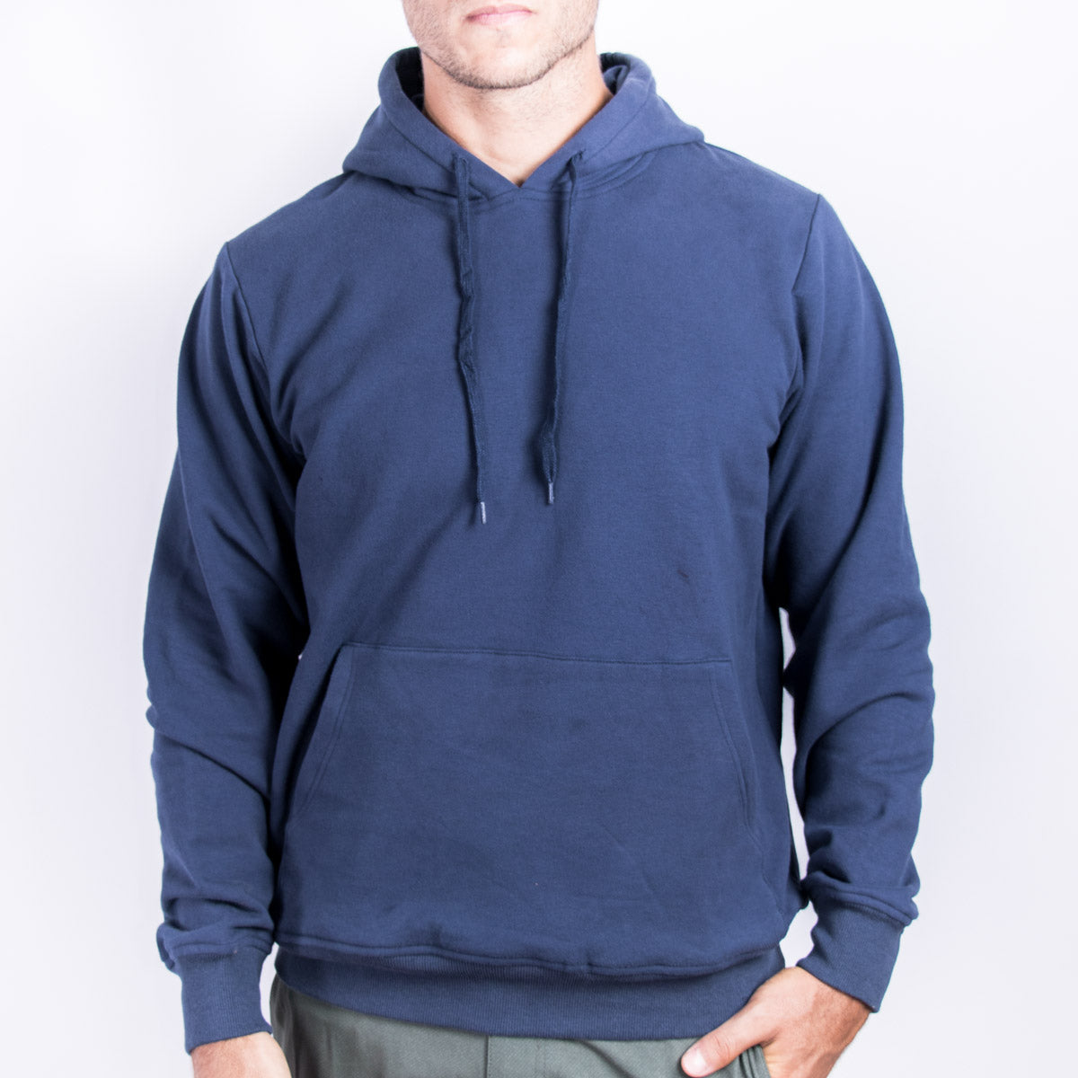 Unisex premium cotton polyester hoodie in navy KUD423E on model front view