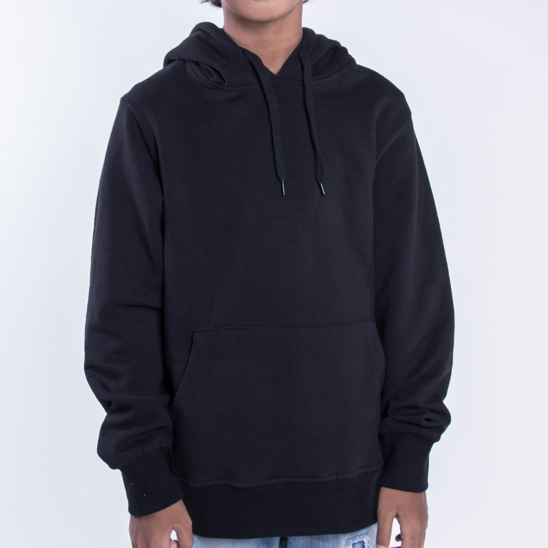 Kids premium cotton hoodie in black KUD425 on model front view