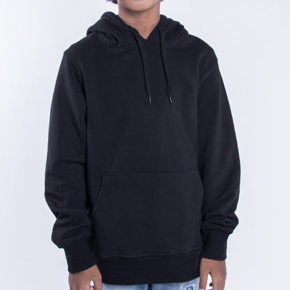 Kids premium cotton hoodie in black KUD425 on model front view