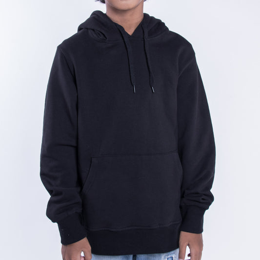 Kids premium cotton hoodie in black KUD425 on model front view