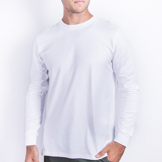 Unisex cotton long sleeve t-shirt in white KUD202e - On Model - Front View